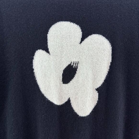 COMO BOCA Sweater Womens S Black Flower Cashmere Rib Crew Neck Long Sleeve - Picture 2 of 10